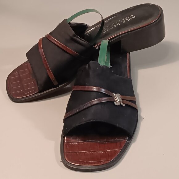 Mila Paoli women's Made in Italy Leather Low Block Heel Slide Sandals sz 9.5 B - Picture 1 of 14